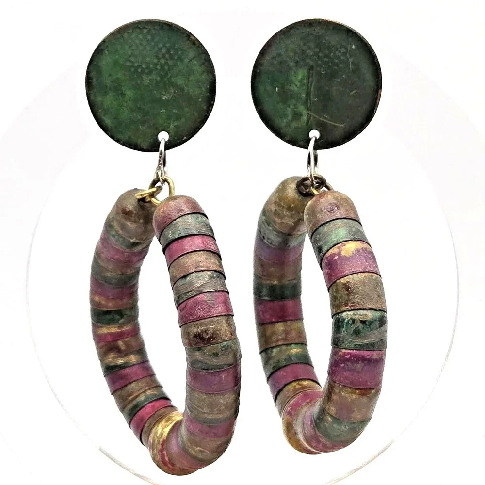 Vintage 80s Multicolor Distressed‎ Painted Paper Bead Necklace and Earring Set